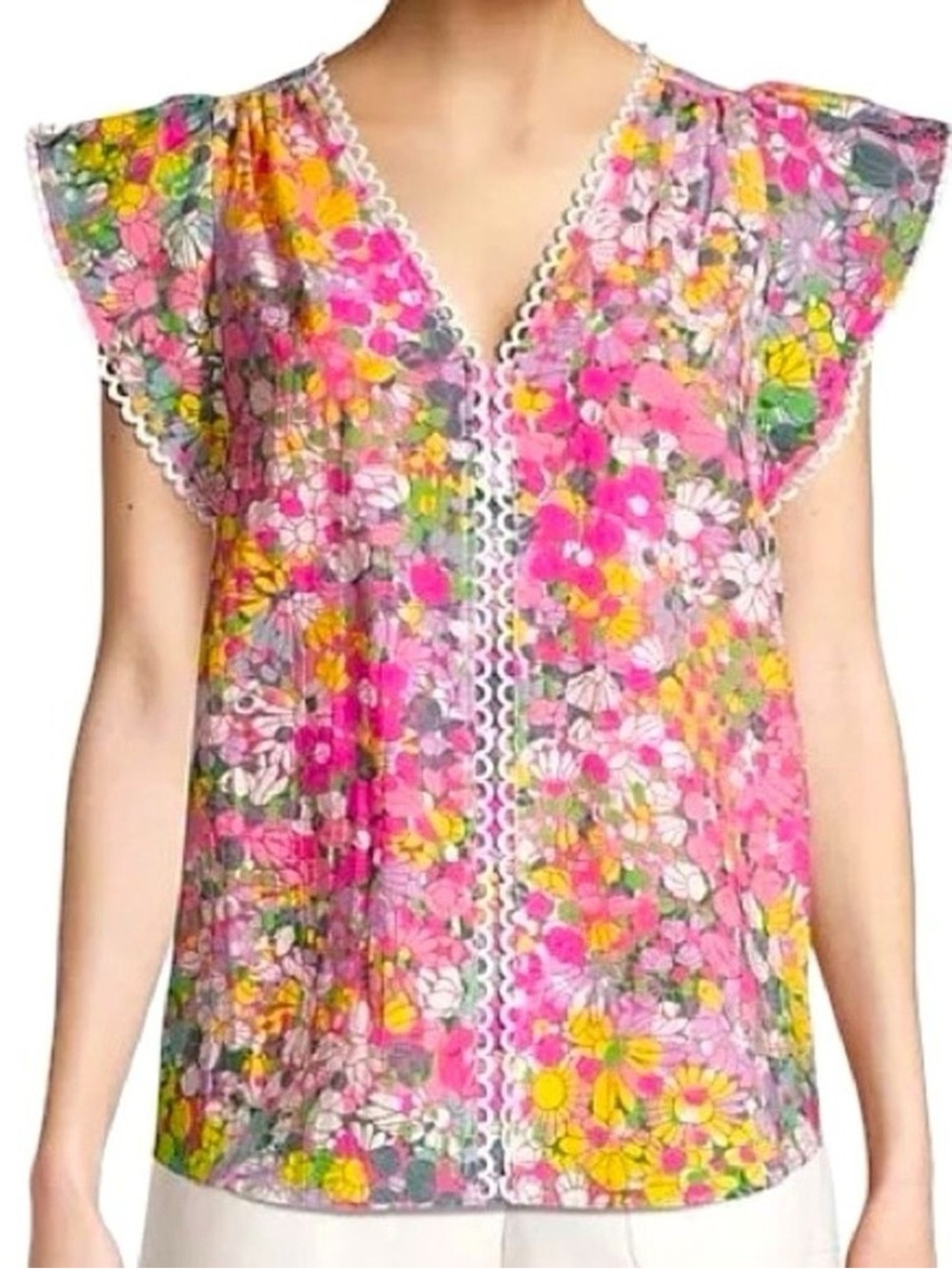 Kate Spade Floral Dots Burnout Top XS Multicolor Floral Flutter Sleeve
